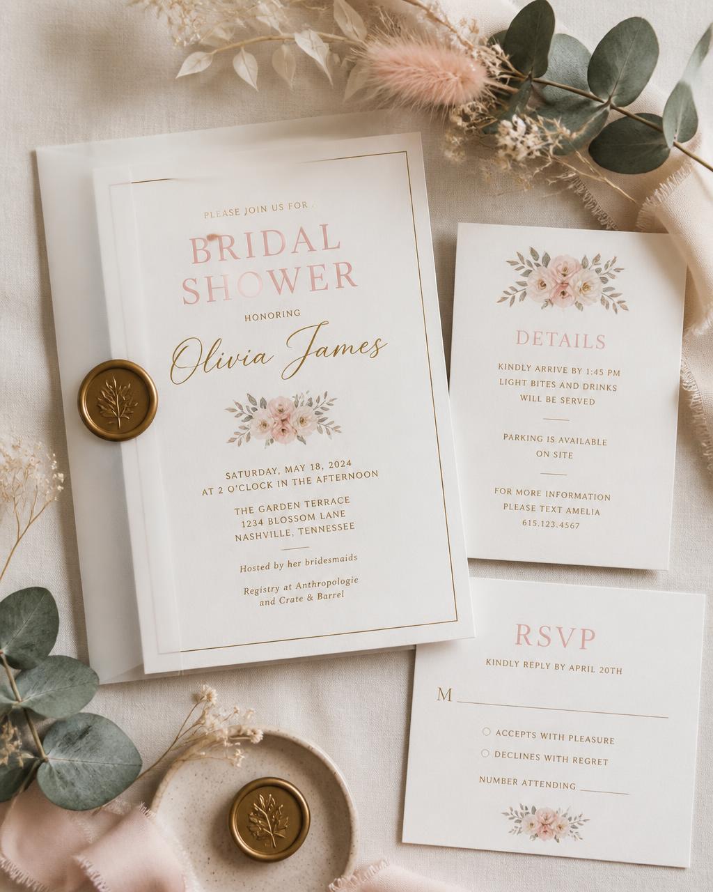 Printed invitation with matching RSVP and details cards