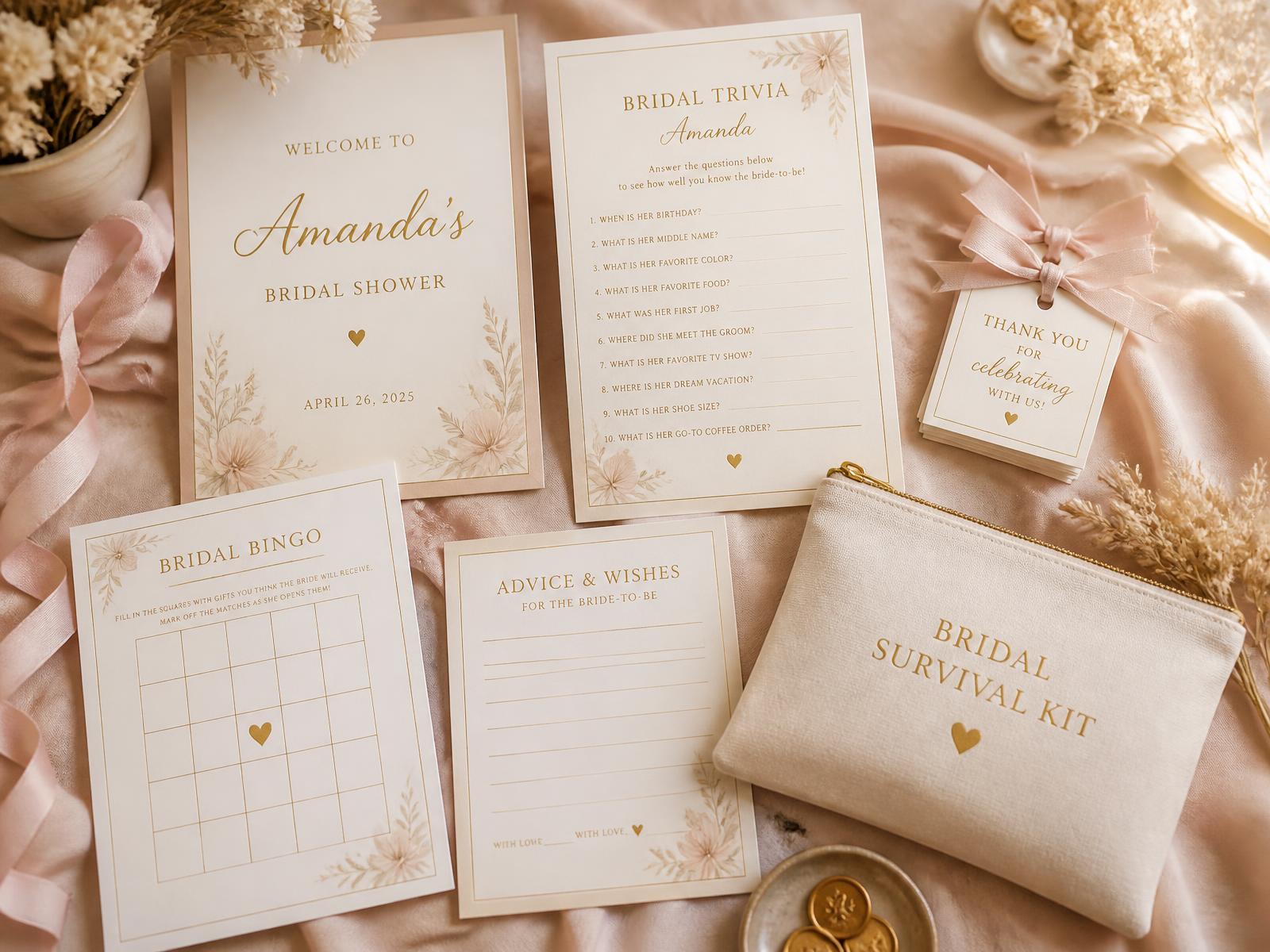 A coordinated celebration suite with personalized games, favor tags and keepsake pieces